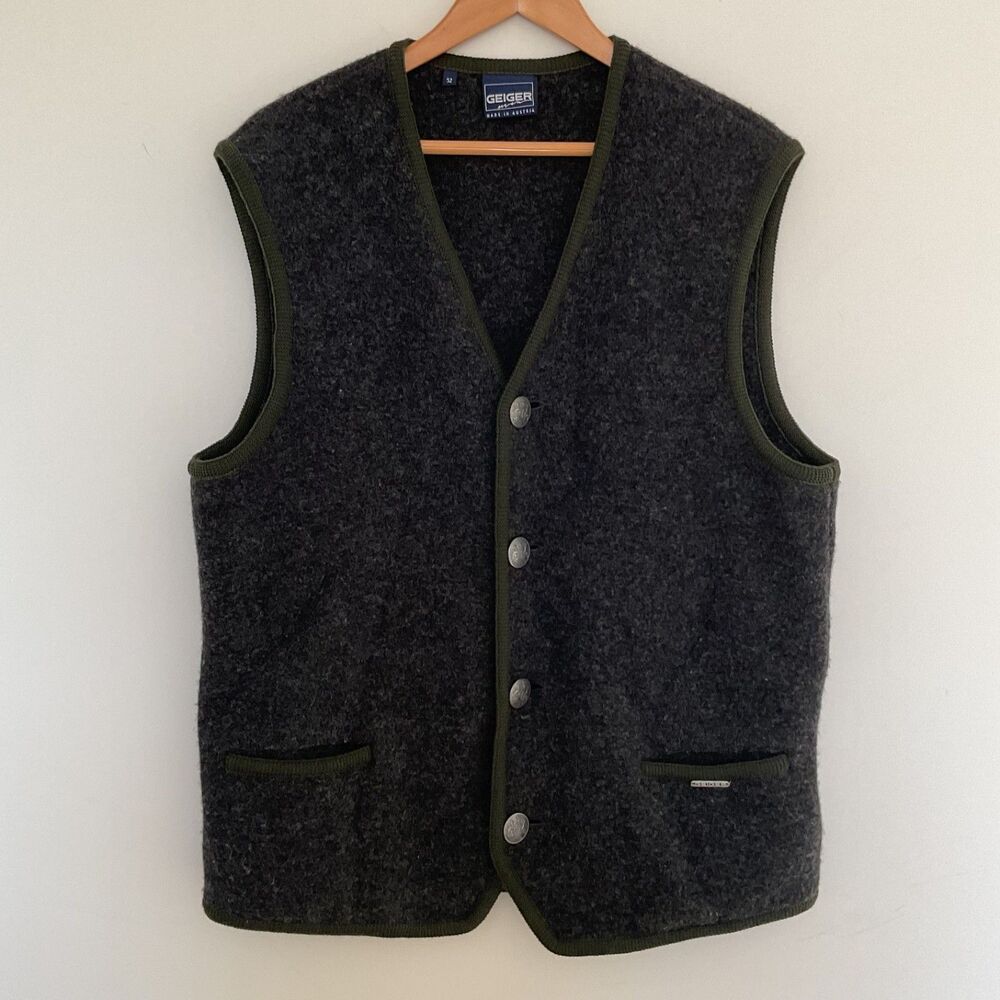 VTG Geiger Austria Boiled Wool Vest Mens 52 Charcoal Grey Green Trim Trachten